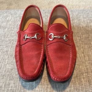 Gucci Red Suede Loafers with Metallic Accents